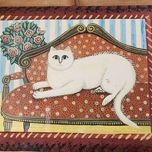 Wendy Presseisen White Cat Print on Woodcwith Paint, 12 x 9.5 inches